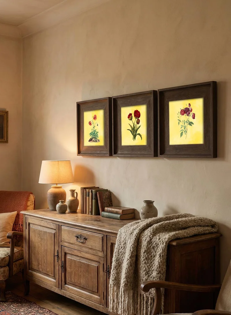 LOWHA Set of 3 Canvas Wall Art Stretched Over Wooden Frame with Vintage Brown Floating Frame and Crimson Botanical Design